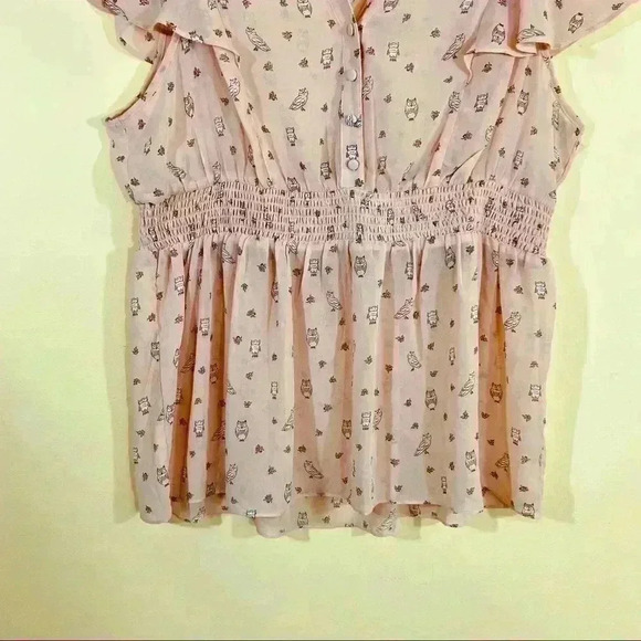 Torrid Mauve “Owl” Print V-Neck Cap Sleeve Chiffon Peplum Peasant Top Size 14/16 - Picture 4 of 12